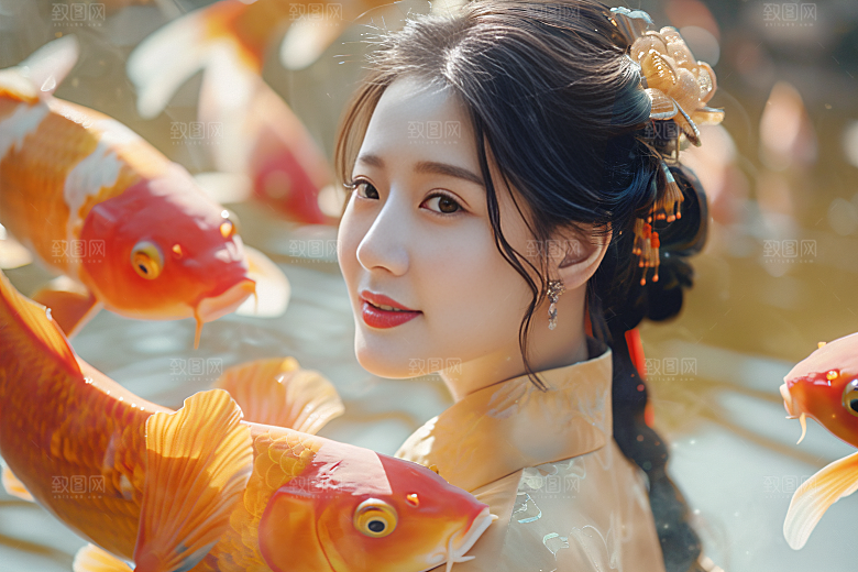 锦鲤汉服美女高清精致素材