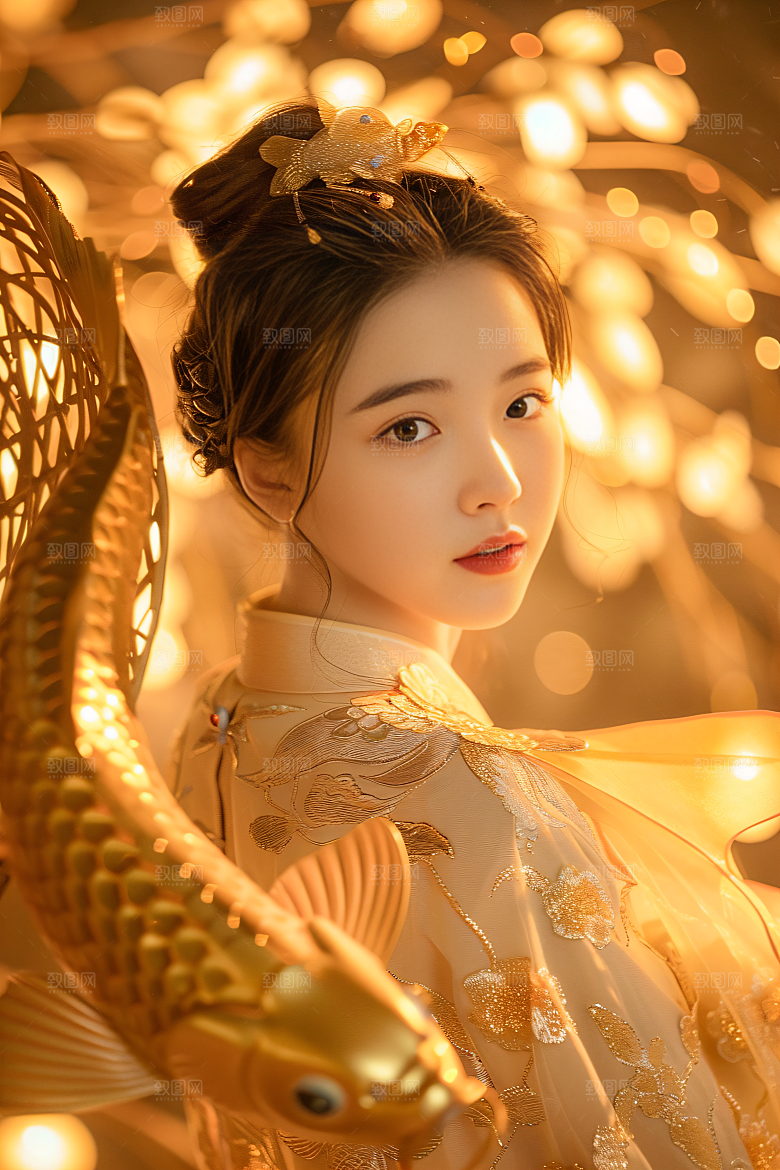 锦鲤汉服美女高清金鱼素材