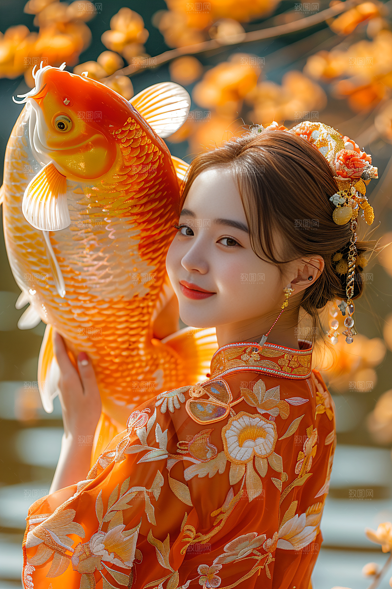 锦鲤汉服美女传统优雅素材