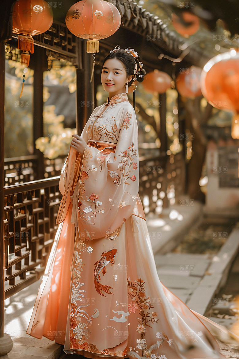锦鲤汉服美女人像传统素材