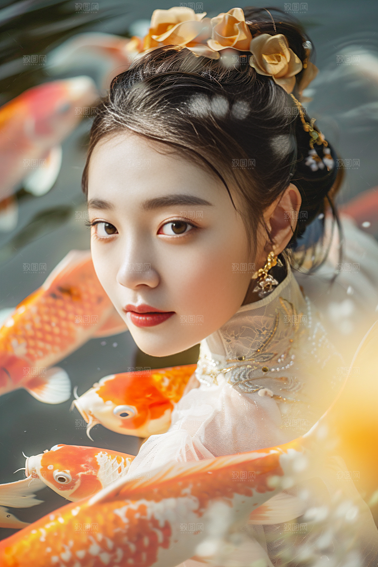 锦鲤汉服美女优雅肖像素材