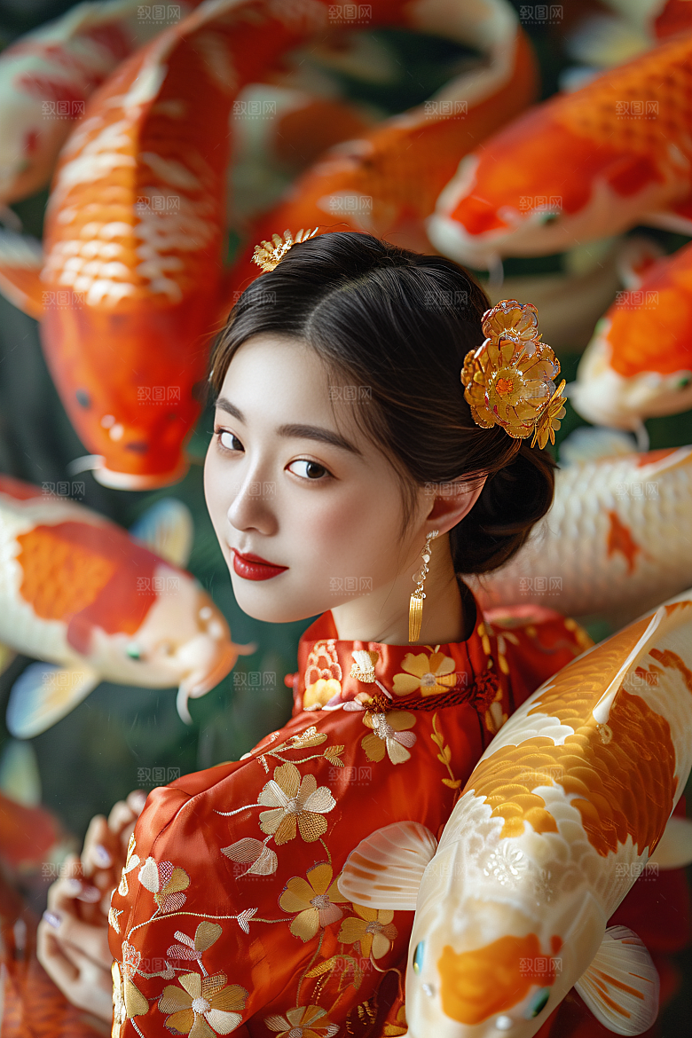 锦鲤汉服美女传统优雅素材