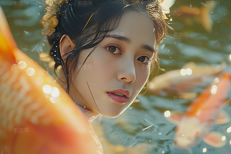 锦鲤汉服美女中国风古风素材