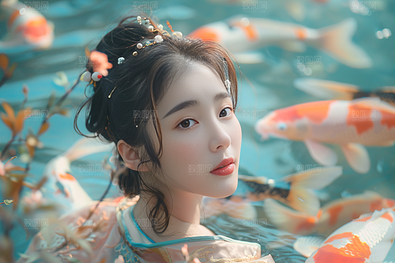 锦鲤汉服美女中国风吉祥素材