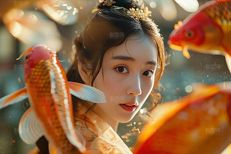 锦鲤汉服美女唯美精致素材