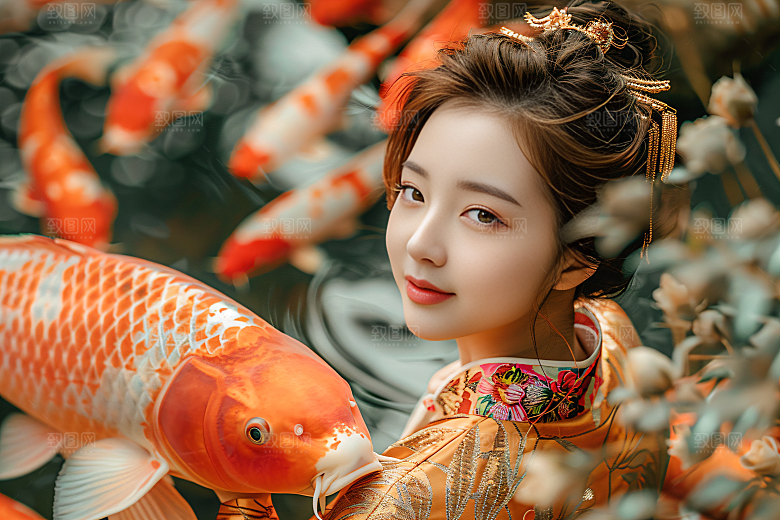 锦鲤汉服美女传统精致素材