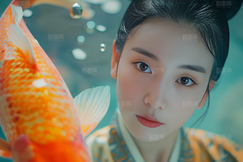 锦鲤汉服美女唯美吉祥素材