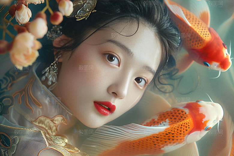 锦鲤汉服美女古风高清素材