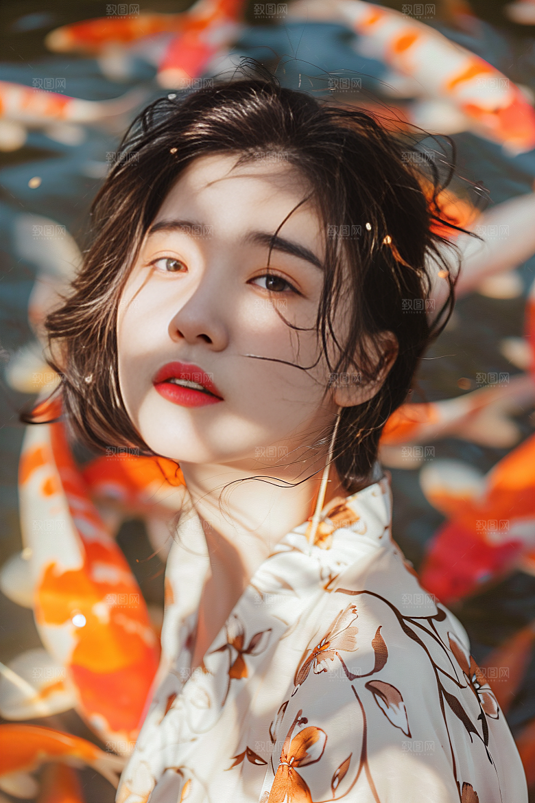 锦鲤汉服美女传统精致素材