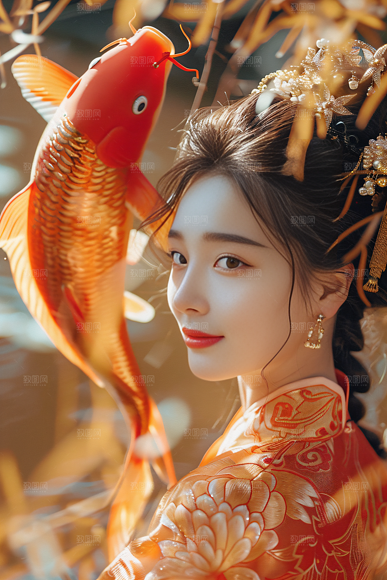 锦鲤汉服美女传统中国风素材