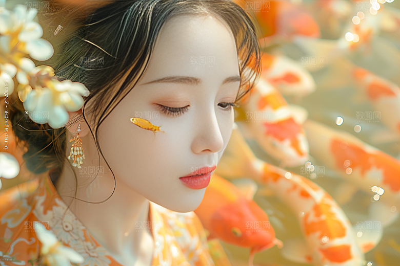 锦鲤汉服美女吉祥肖像素材