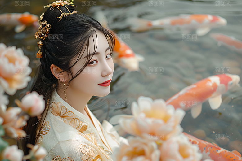 锦鲤汉服美女吉祥优雅素材