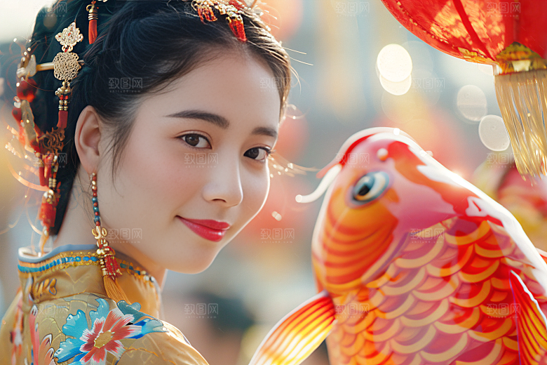 锦鲤汉服美女中国风古风素材