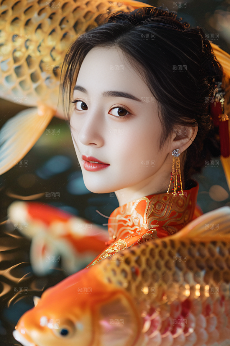 锦鲤汉服美女古风精致素材