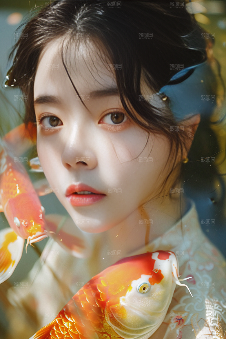 锦鲤汉服美女古风唯美素材