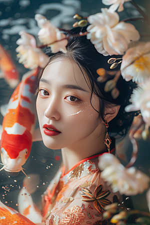 锦鲤汉服美女吉祥肖像素材