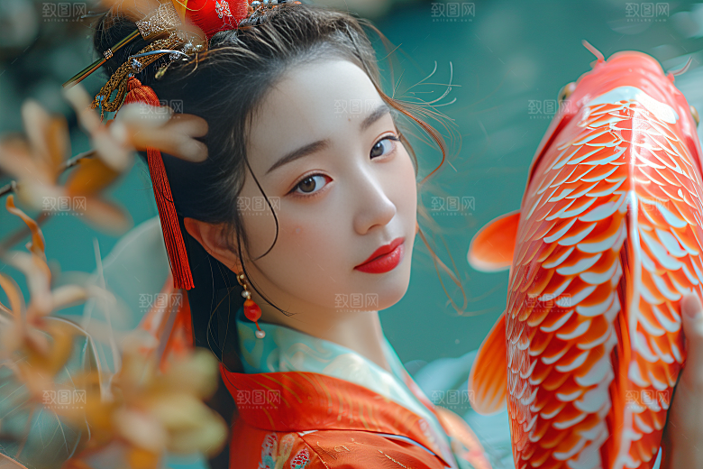 锦鲤汉服美女古风吉祥素材