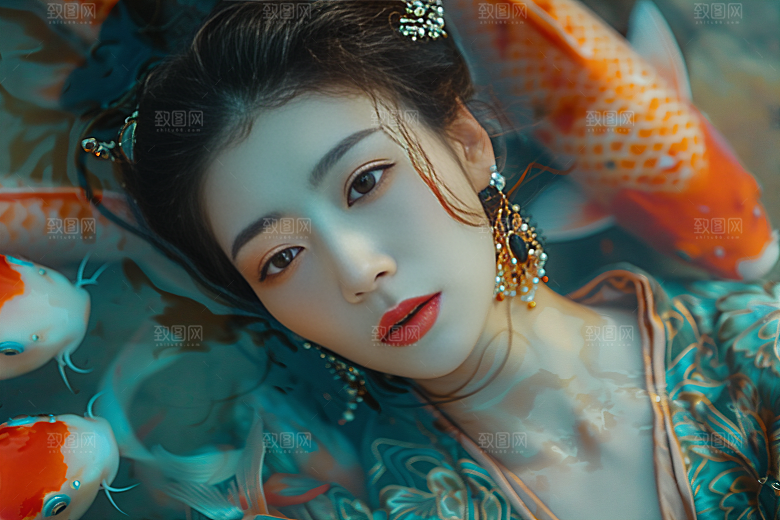 锦鲤汉服美女吉祥古风素材