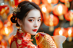 锦鲤汉服美女金鱼高清素材