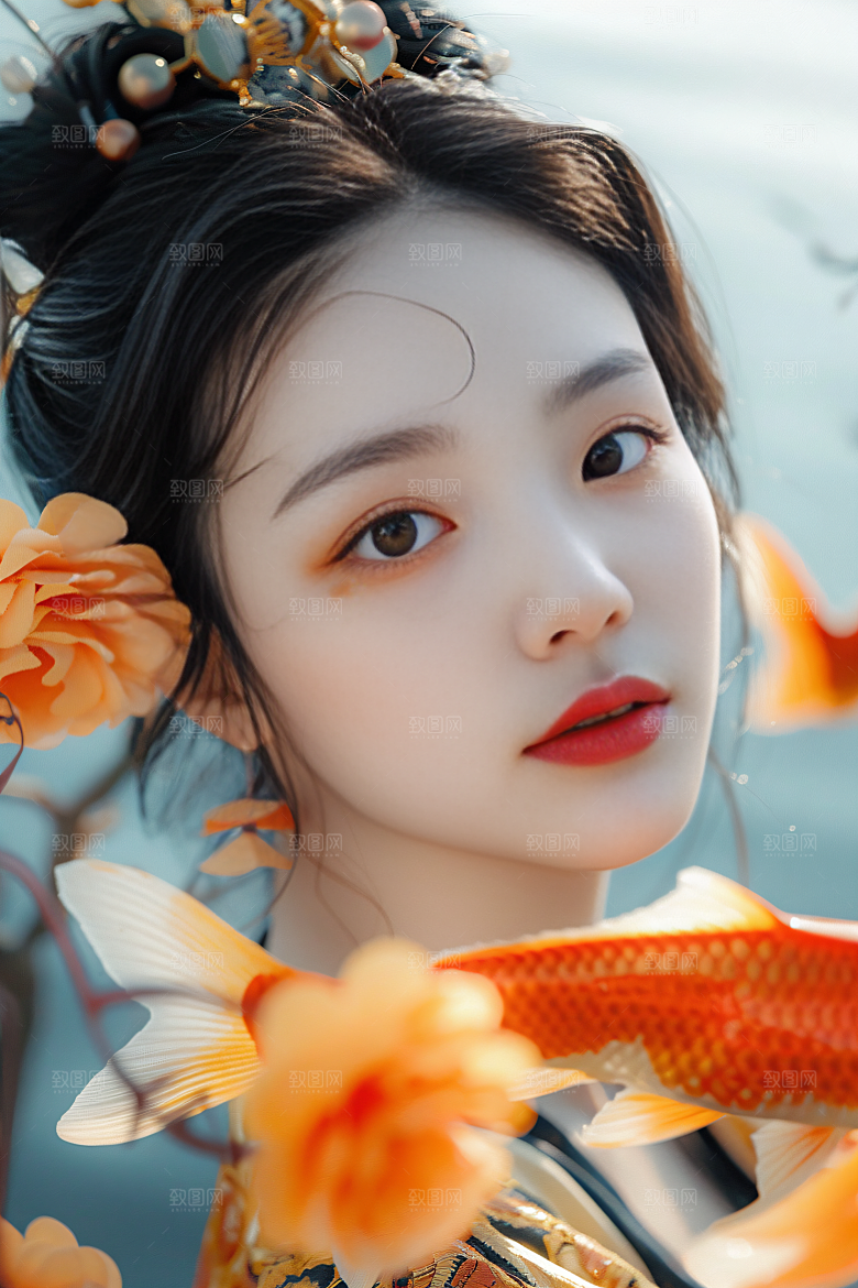 锦鲤汉服美女优雅人像素材