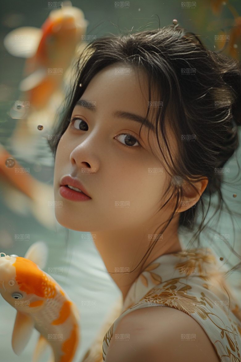 锦鲤汉服美女传统肖像素材
