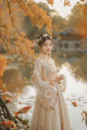 锦鲤汉服美女唯美高清素材