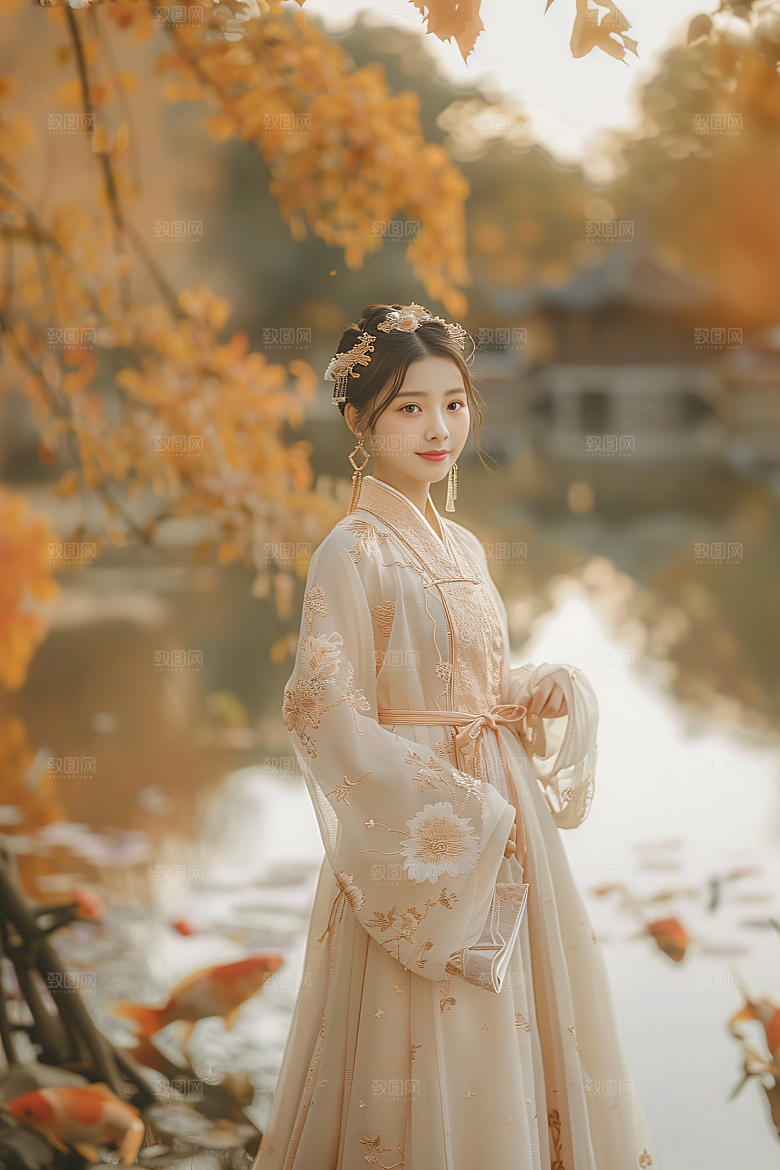 锦鲤汉服美女唯美高清素材