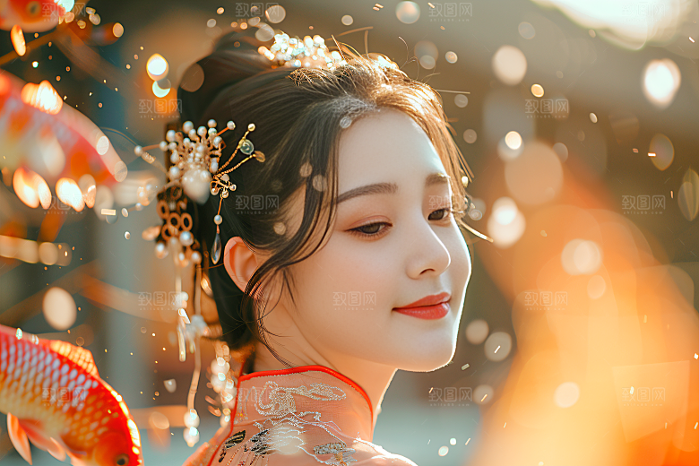 锦鲤汉服美女中国风金鱼素材