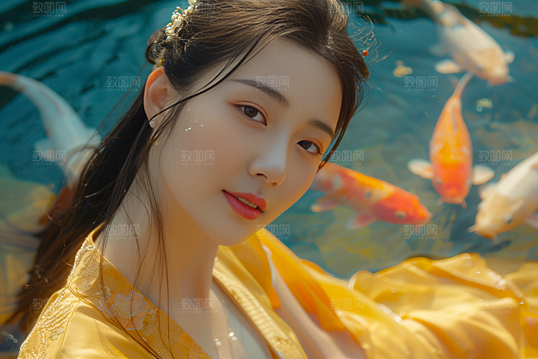 锦鲤汉服美女唯美中国风素材