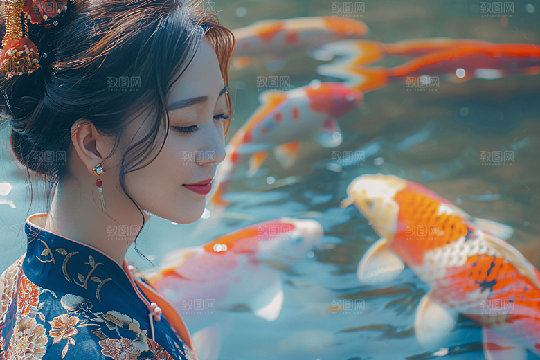锦鲤汉服美女吉祥唯美素材