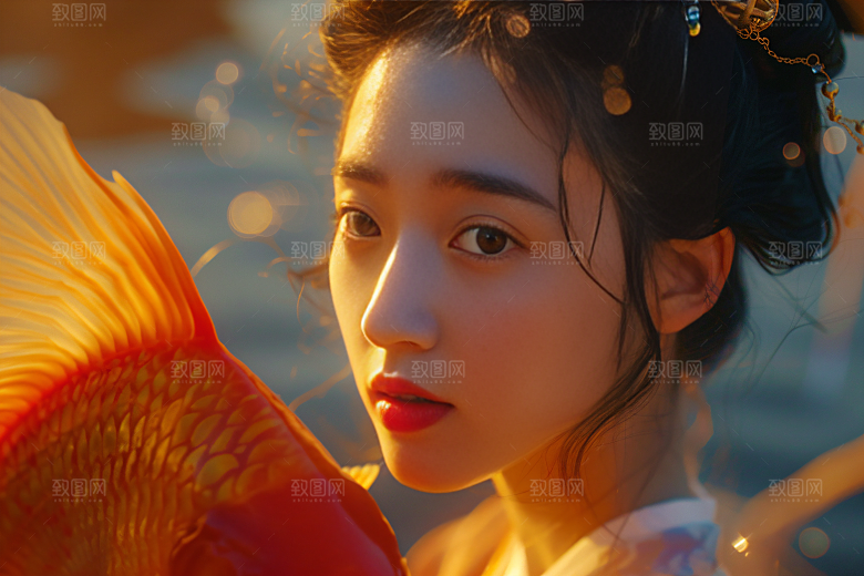 锦鲤汉服美女肖像古风素材