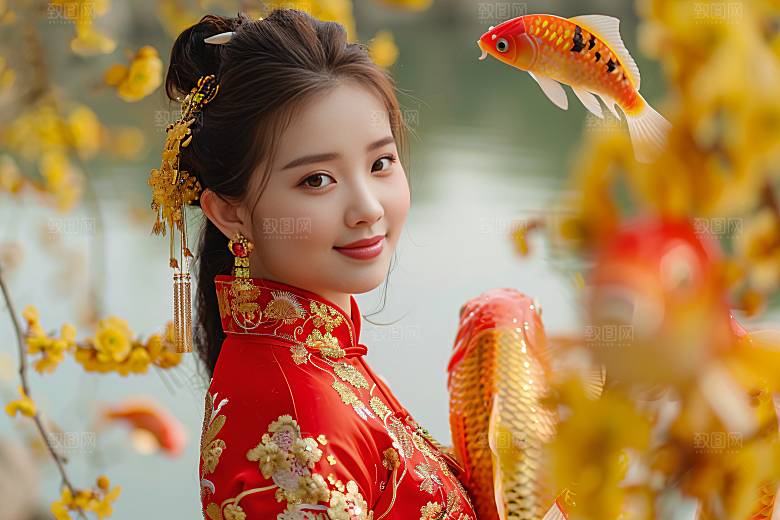 锦鲤汉服美女吉祥精致素材