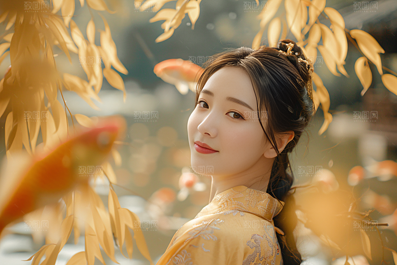 锦鲤汉服美女吉祥传统素材