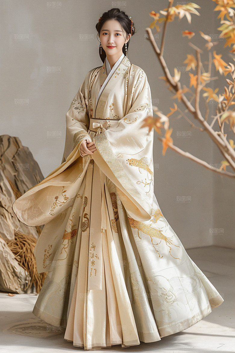 锦鲤汉服美女吉祥唯美素材