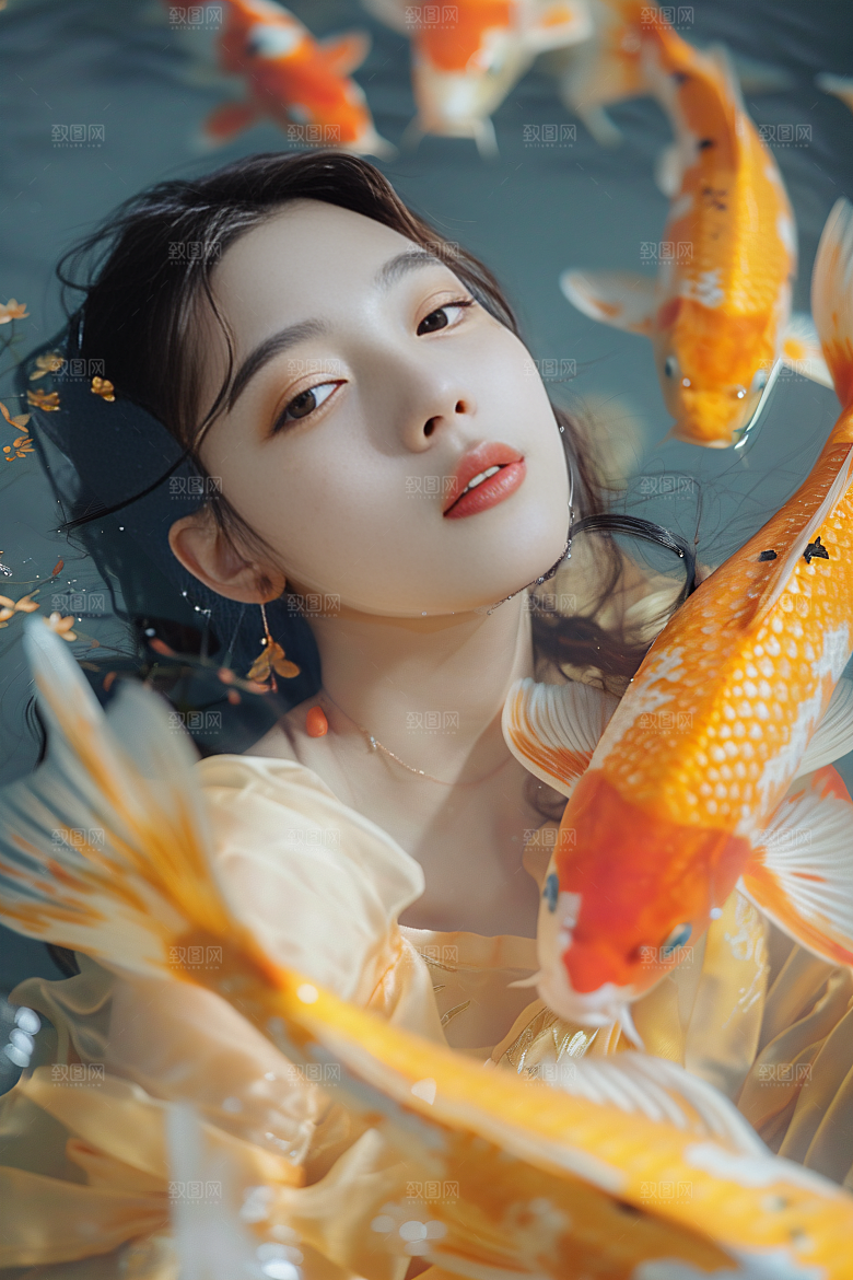 锦鲤汉服美女精致古风素材