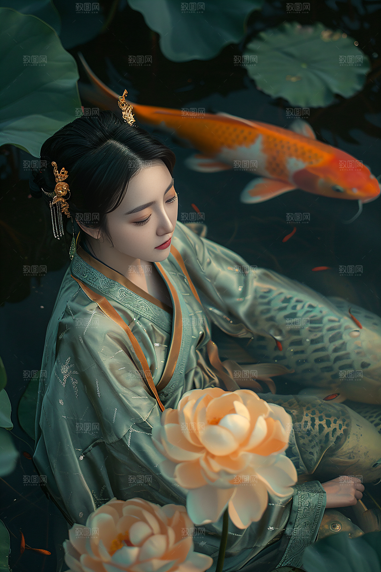 锦鲤汉服美女古风中国风素材