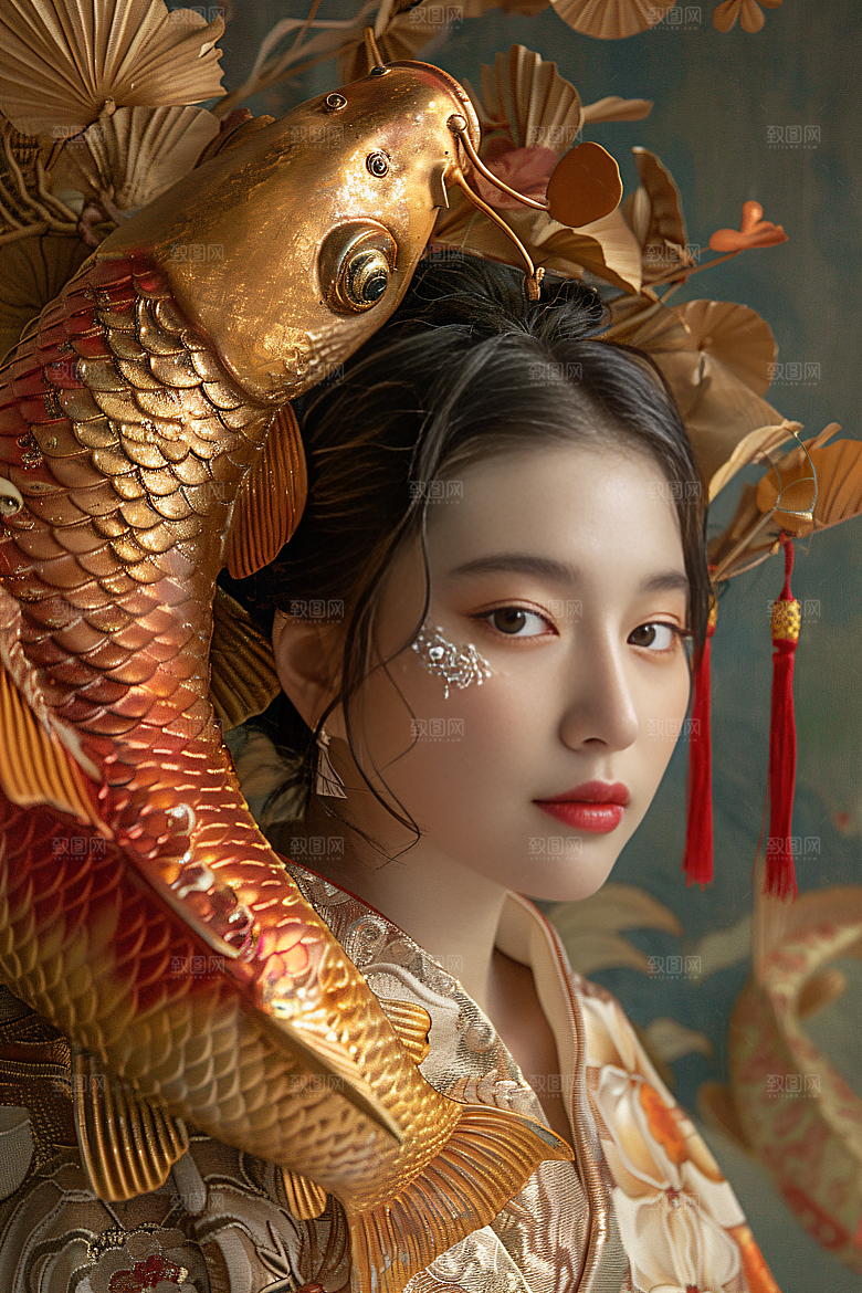 锦鲤汉服美女人像中国风素材