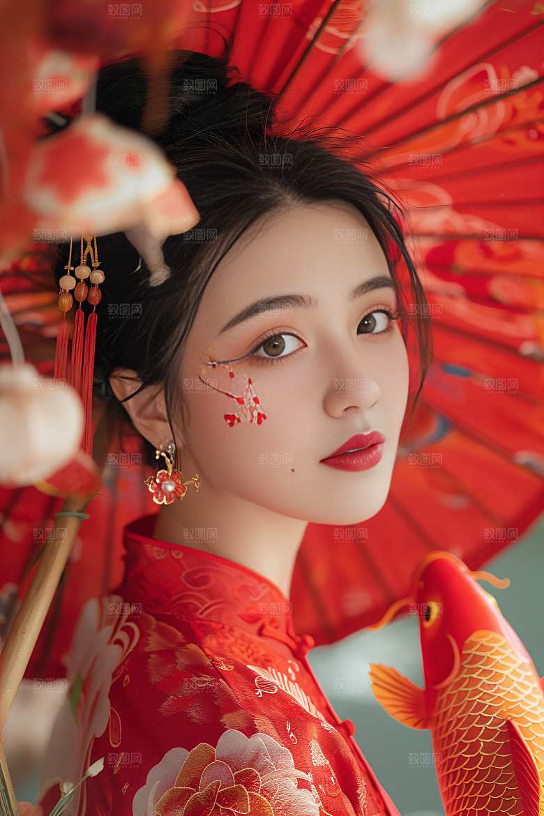 锦鲤汉服美女古风唯美素材