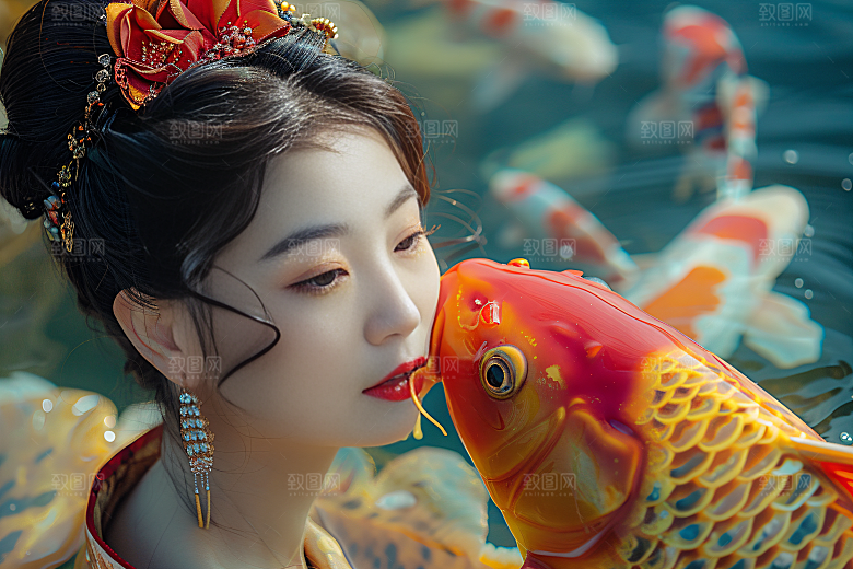 锦鲤汉服美女传统唯美素材