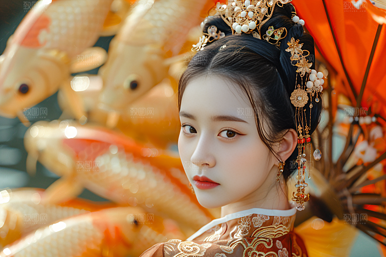 锦鲤汉服美女肖像古风素材