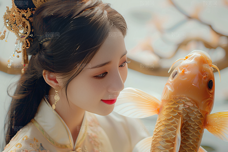锦鲤汉服美女传统金鱼素材