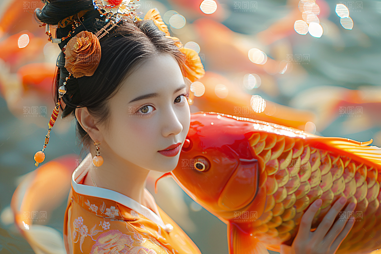 锦鲤汉服美女传统唯美素材