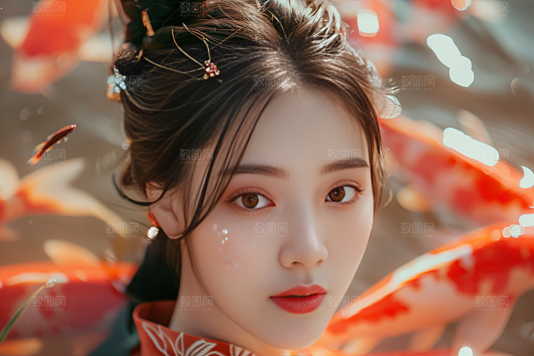 锦鲤汉服美女金鱼中国风素材