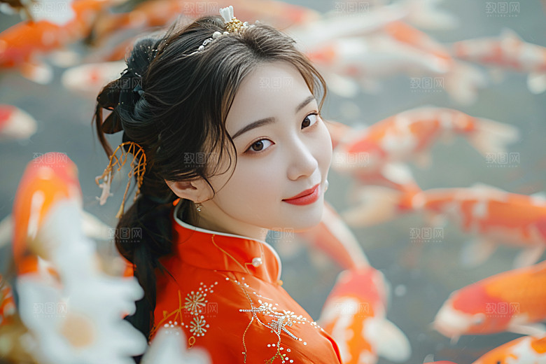 锦鲤汉服美女吉祥肖像素材