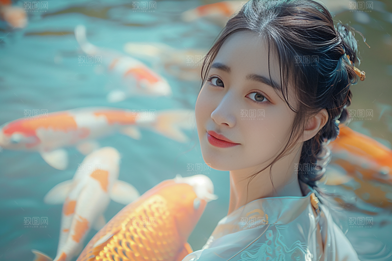 锦鲤汉服美女人像金鱼素材