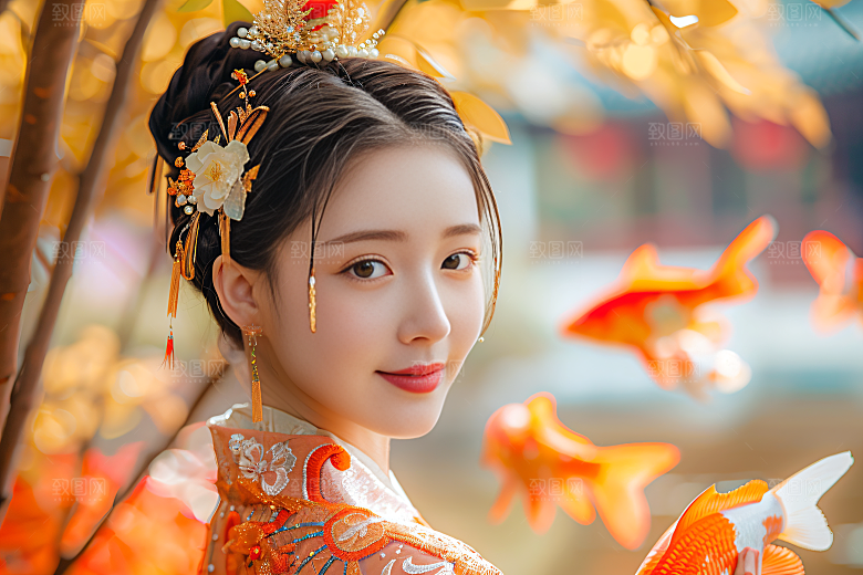 锦鲤汉服美女中国风肖像素材