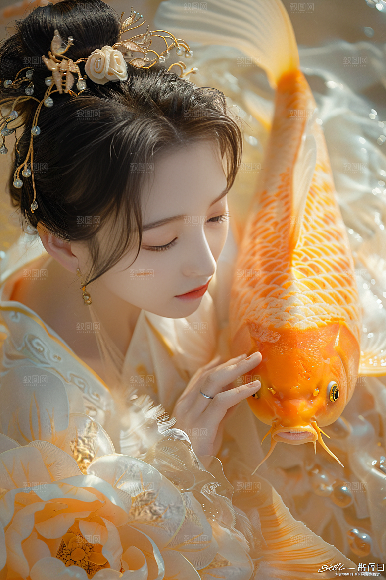 锦鲤汉服美女优雅唯美素材