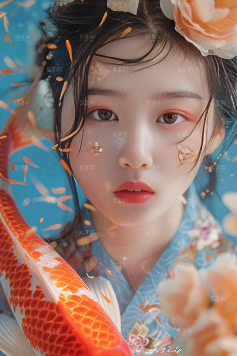 锦鲤汉服美女精致古风素材