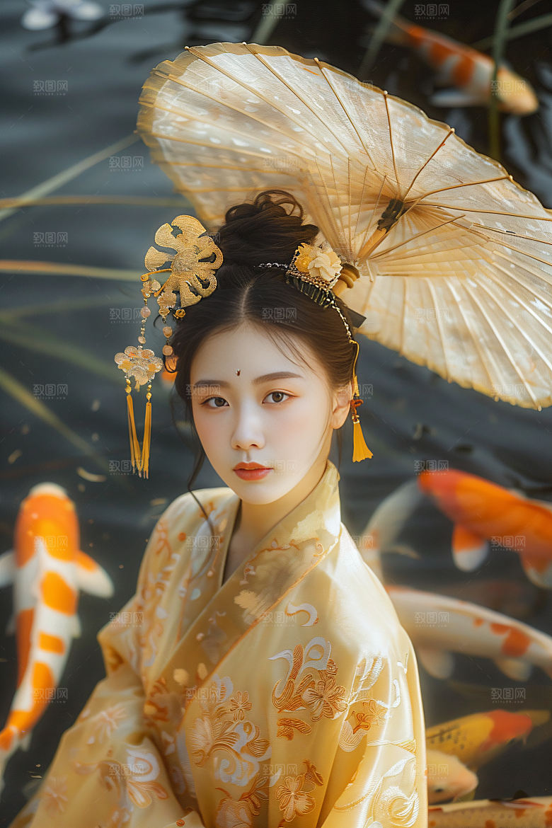 锦鲤汉服美女古风精致素材