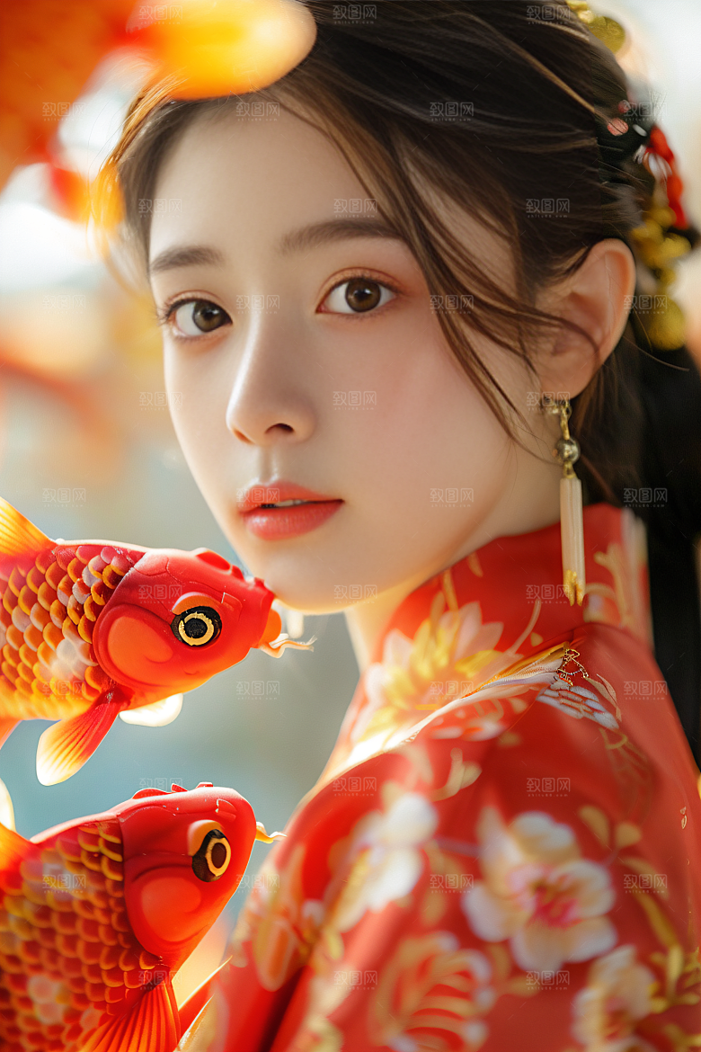 锦鲤汉服美女高清金鱼素材